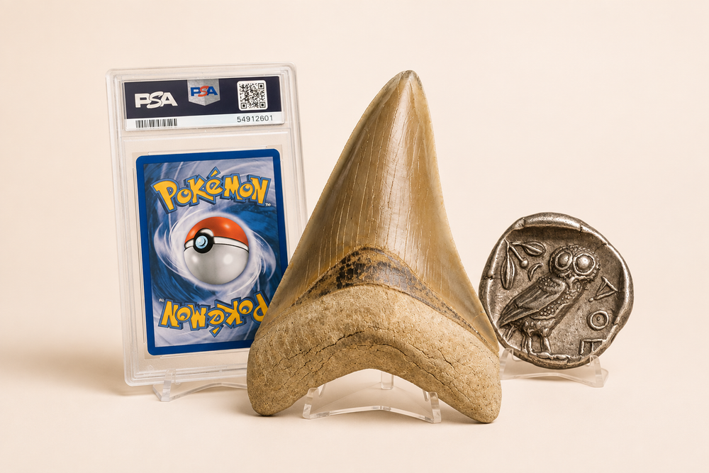 Three collectibles on stands: a graded trading card in its slab, a fossil shark tooth, and an ancient silver coin